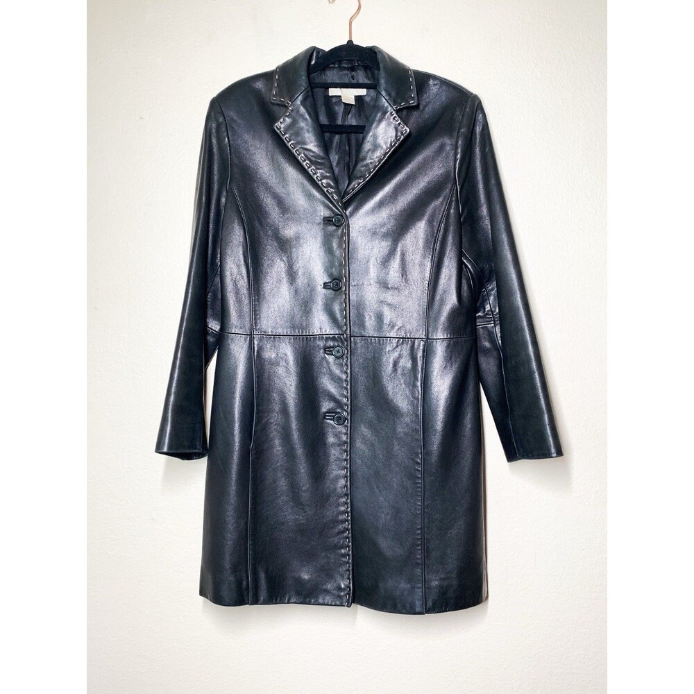 Petite Sophisticate Black Leather Coat 8 Vintage 90s Y2K Long Blazer Knee Length
